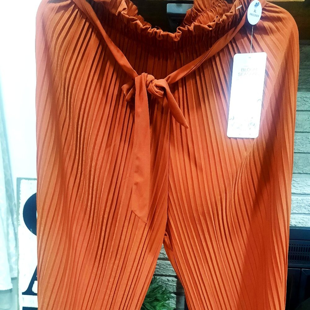 NWT Bloom Season Ankle Length Pleated Belted Waist Pull On Pant Rust Sz XL